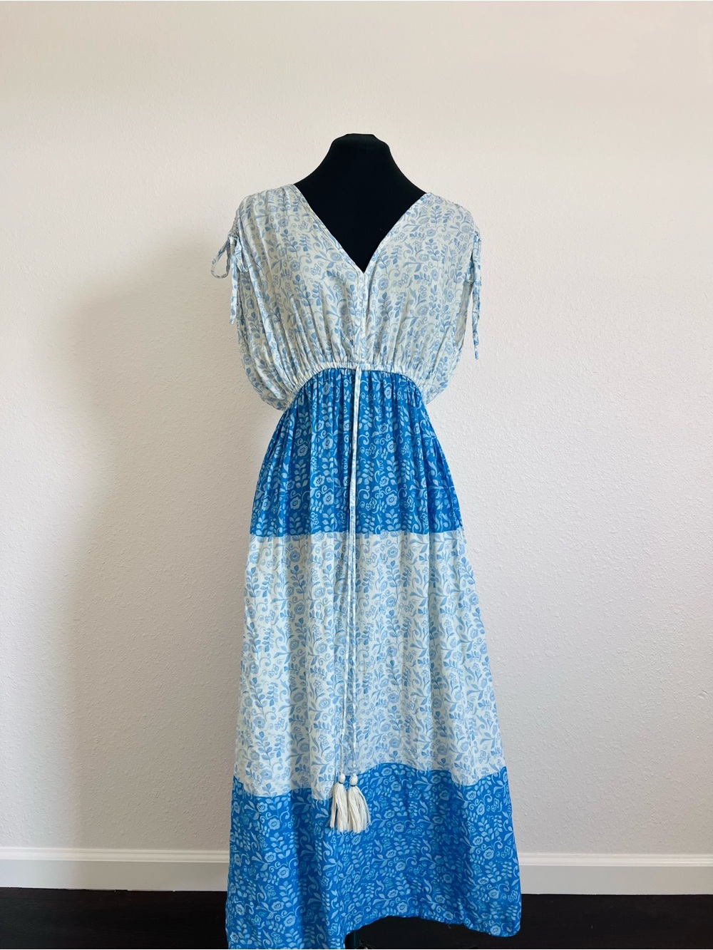 Cost Plus World Market Blue Tiered Maxi Dress with Tassel Tie